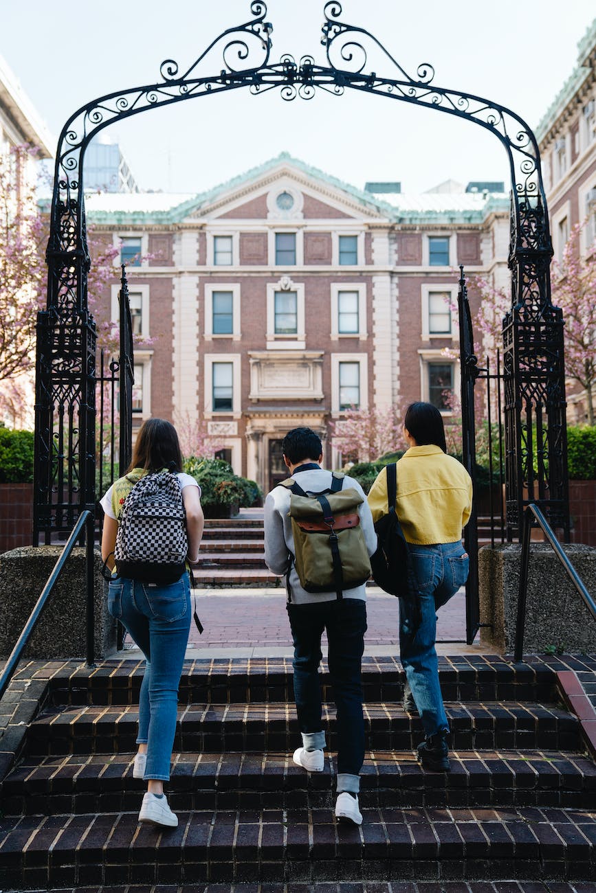 back view of people walking into a campus